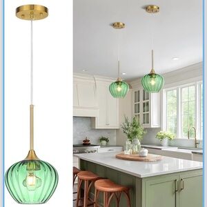 New Open Box Green Glass Pendant Light, 7 Inch Modern Gold Pendant Lighting Vint
